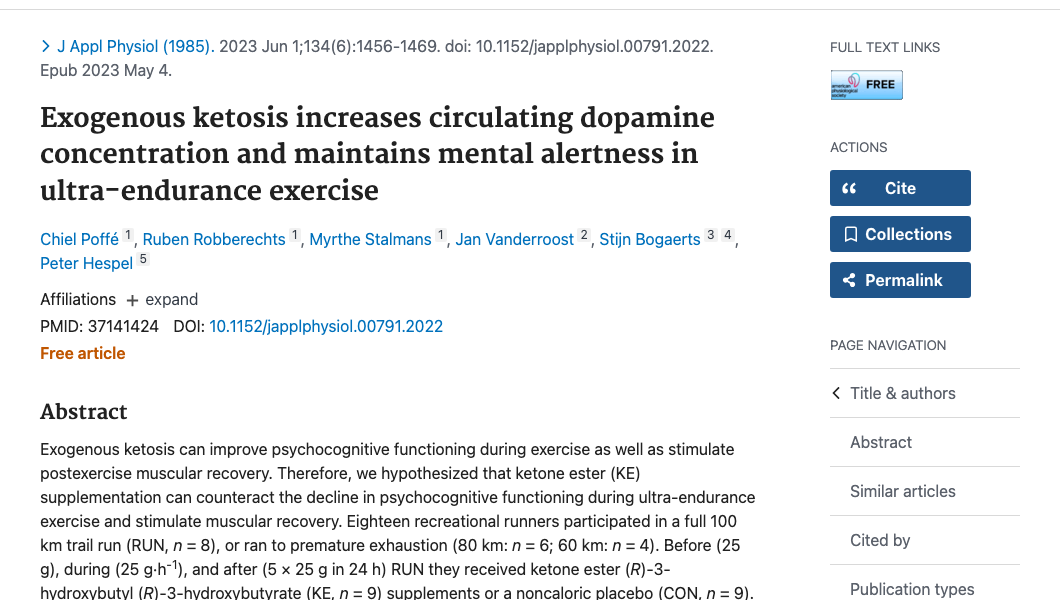 Title and abstract of Exogenous ketosis increases circulating dopamine concentration and maintains mental alertness in ultra-endurance exercise.