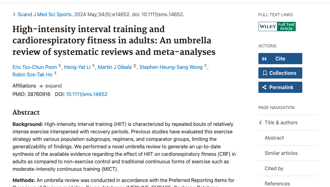 Title and abstract of High-intensity interval training and cardiorespiratory fitness in adults: An umbrella review of systematic reviews and meta-analyses.