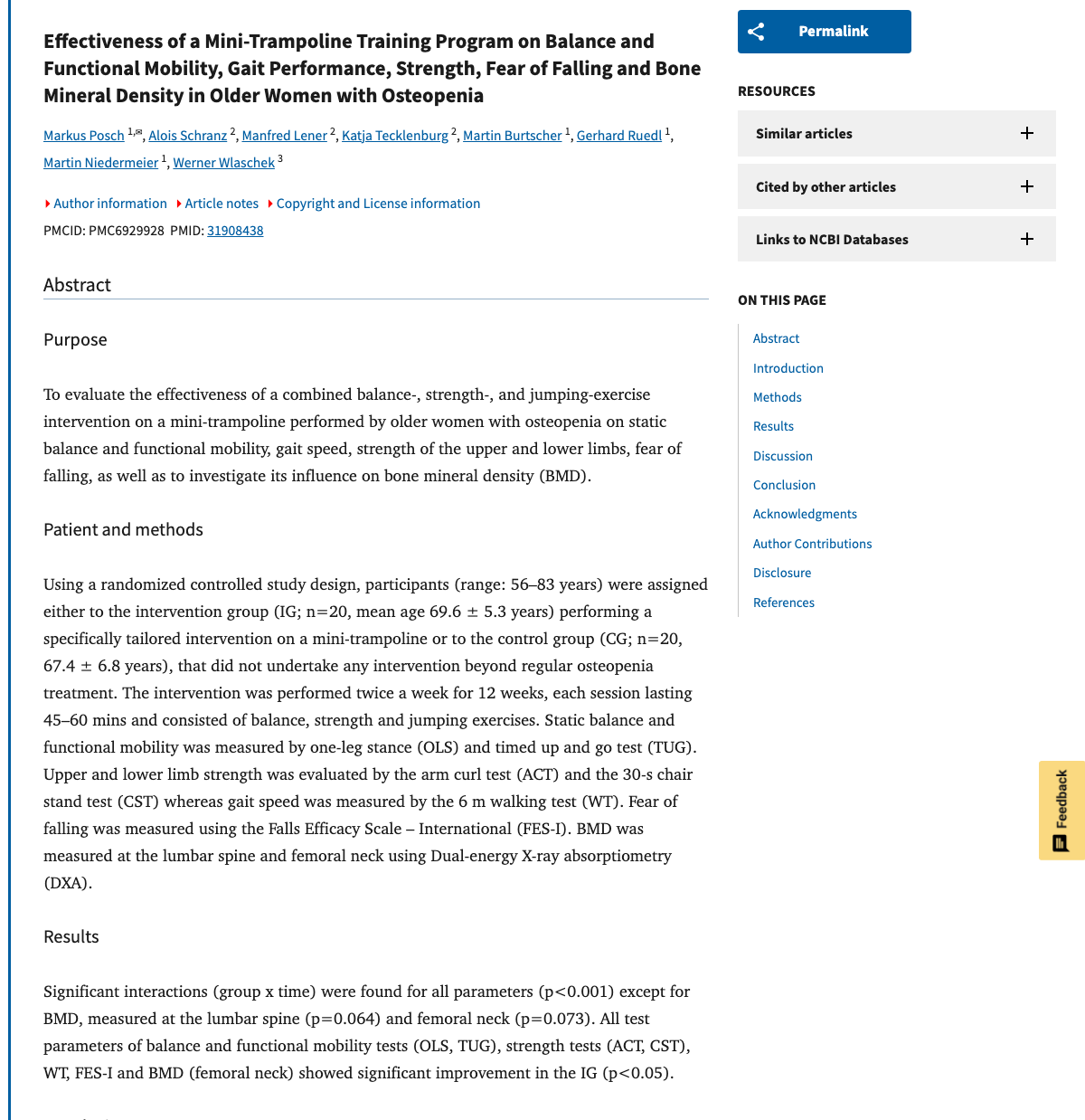 Title and abstract of Effectiveness of a Mini-Trampoline Training Program on Balance and Functional Mobility, Gait Performance, Strength, Fear of Falling and Bone Mineral Density in Older Women with Osteopenia.