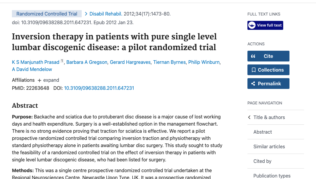 Title and abstract of Inversion Therapy in Patients with Pure Single Level Lumbar Discogenic Disease: A Pilot Randomized Trial