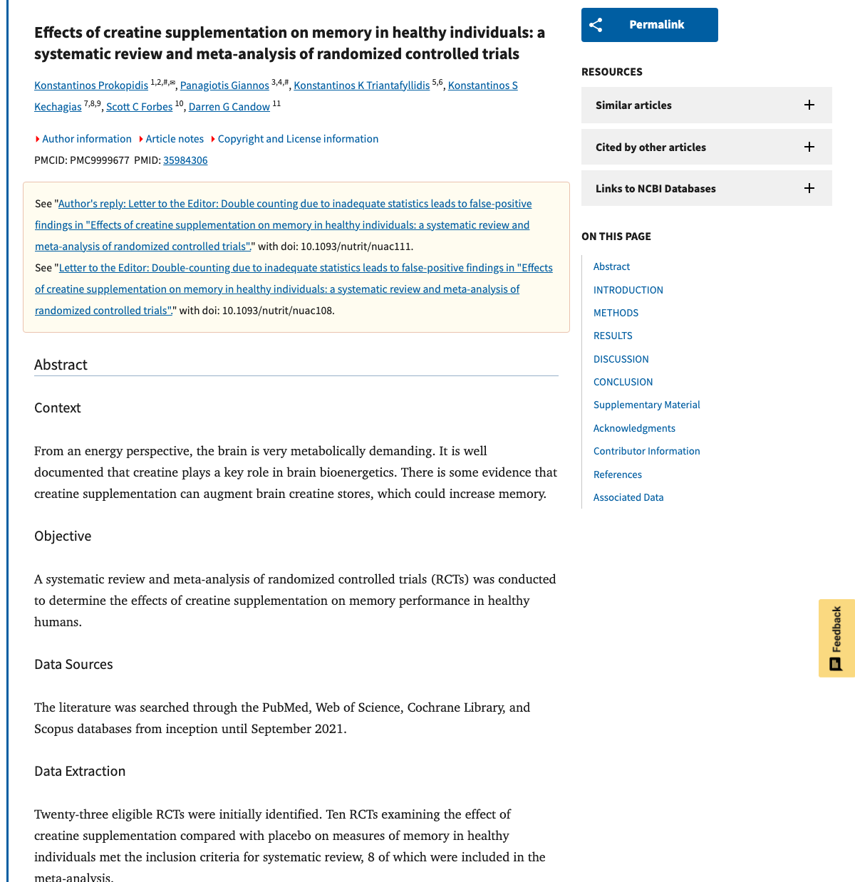 Title and abstract of Effects of creatine supplementation on memory in healthy individuals: a systematic review and meta-analysis of randomized controlled trials.