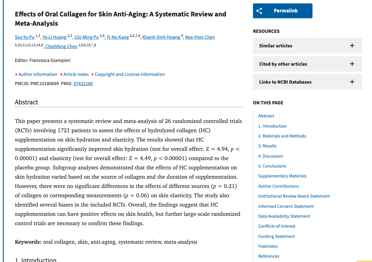 Title and abstract of Effects of Oral Collagen for Skin Anti-Aging: A Systematic Review and Meta-Analysis.