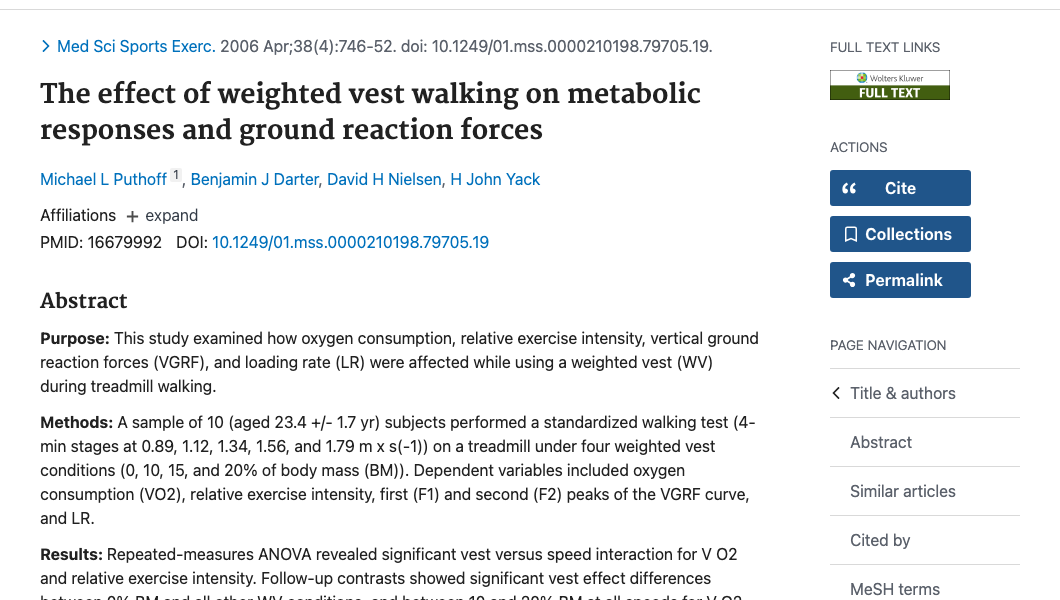Title and abstract of The effect of weighted vest walking on metabolic responses and ground reaction forces.