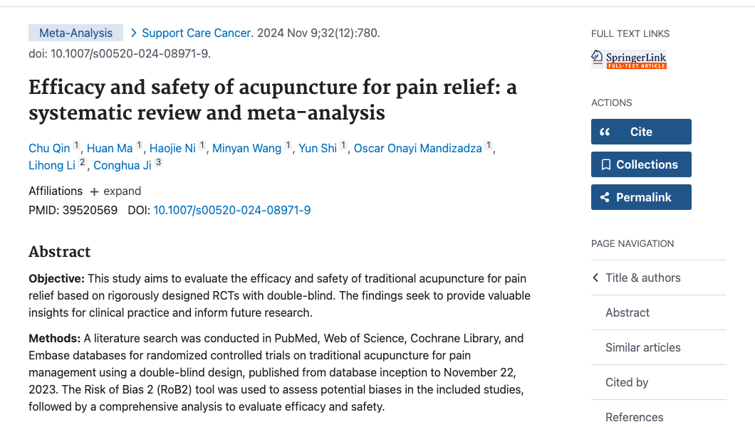 Title and abstract of Efficacy and safety of acupuncture for pain relief: a systematic review and meta-analysis.