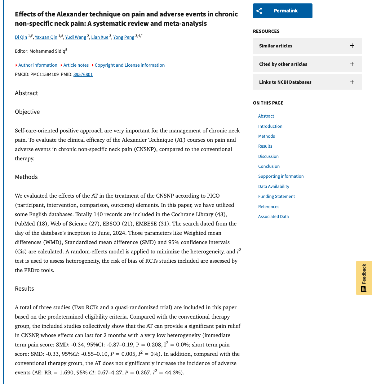 Title and abstract of Effects of the Alexander technique on pain and adverse events in chronic non-specific neck pain: A systematic review and meta-analysis.