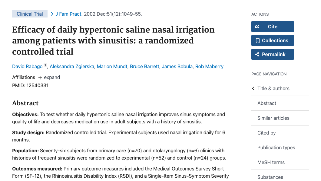 Title and abstract of Efficacy of daily hypertonic saline nasal irrigation among patients with sinusitis