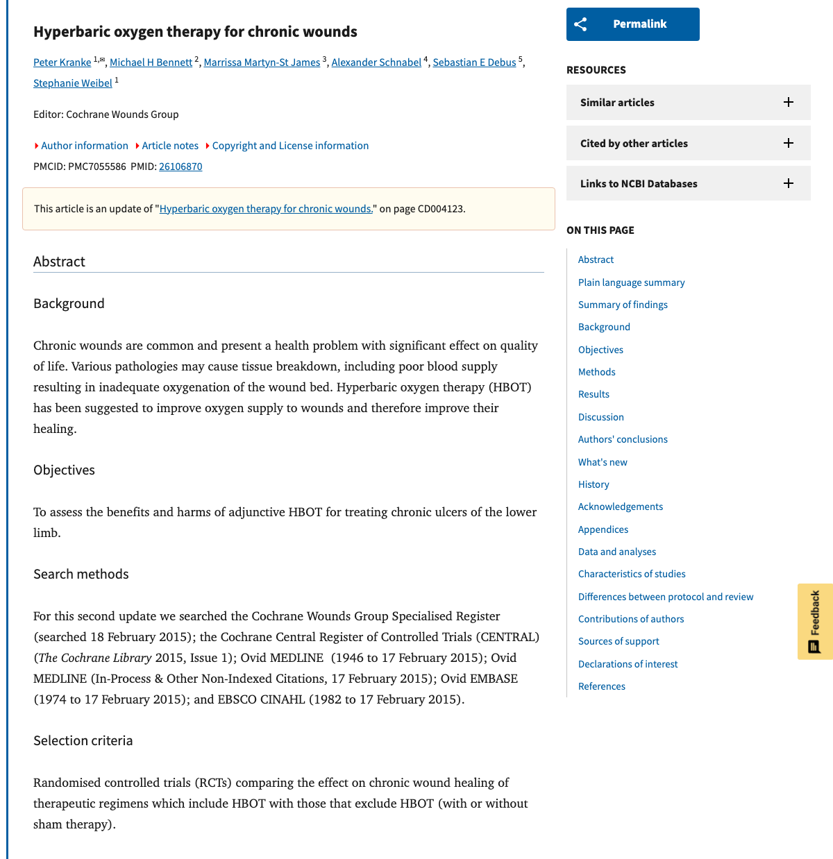 Title and abstract of Hyperbaric oxygen therapy for chronic wounds