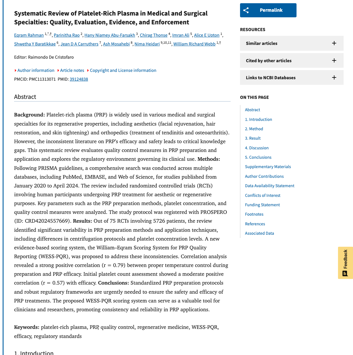 Title and abstract of Systematic Review of Platelet-Rich Plasma in Medical and Surgical Specialties: Quality, Evaluation, Evidence, and Enforcement.