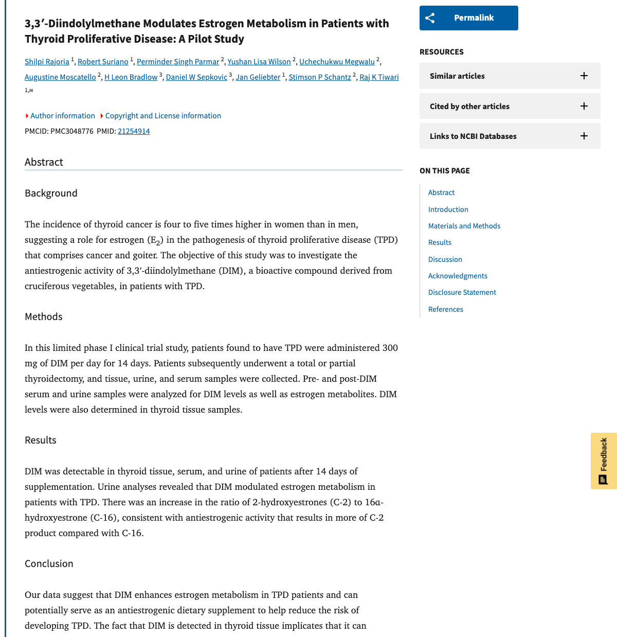 Title and abstract of 3,3'-diindolylmethane modulates estrogen metabolism in patients with thyroid proliferative disease: a pilot study.
