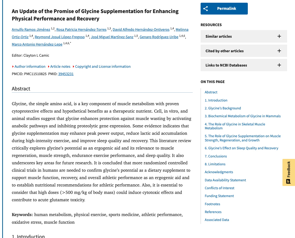 Title and abstract of An Update of the Promise of Glycine Supplementation for Enhancing Physical Performance and Recovery.