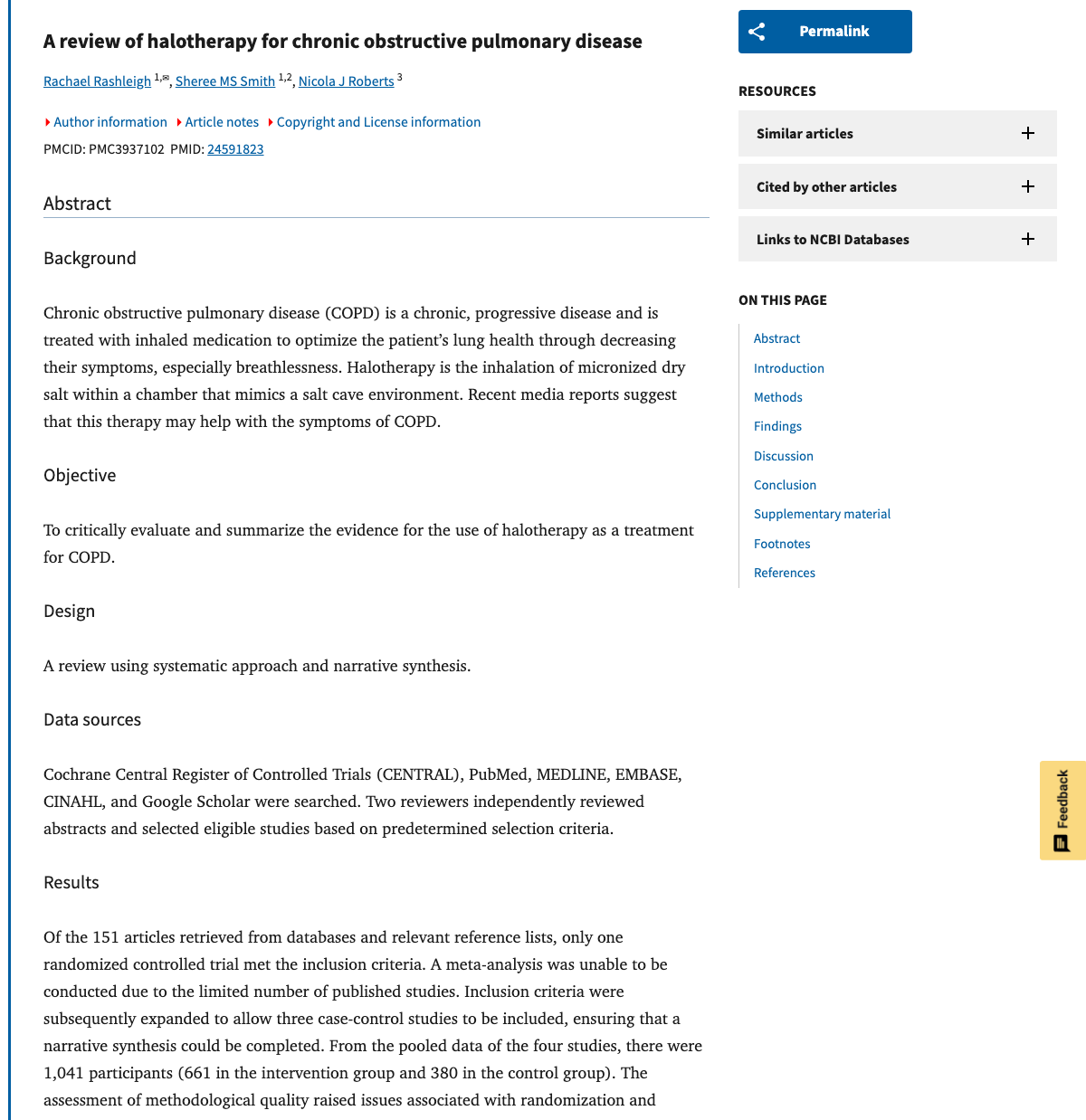 Title and abstract of A review of halotherapy for chronic obstructive pulmonary disease.