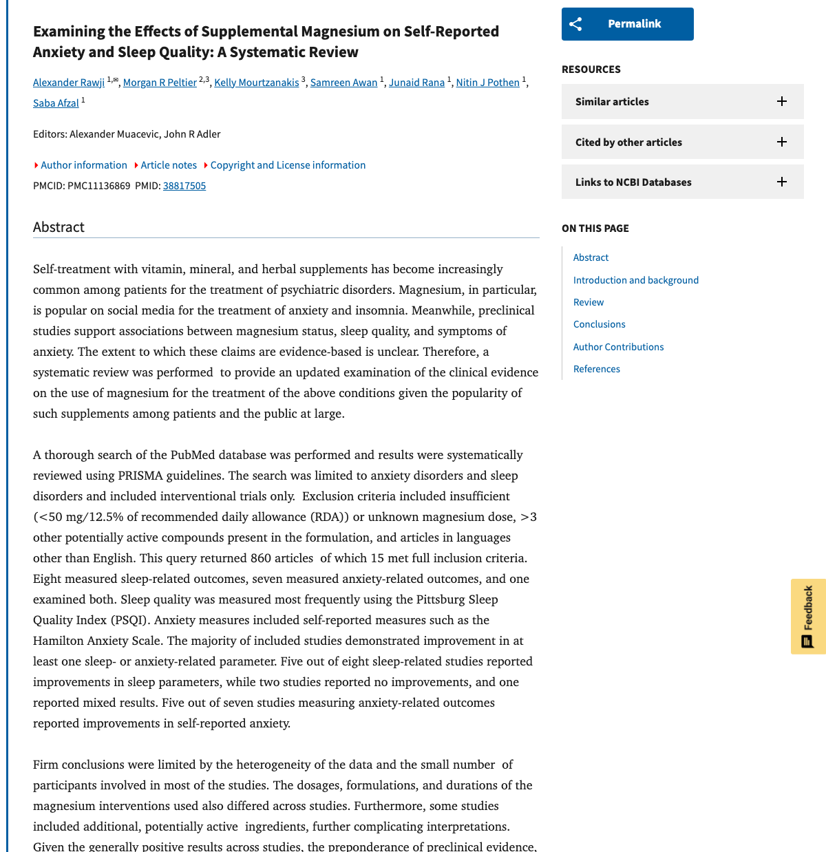 Title and abstract of Examining the Effects of Supplemental Magnesium on Self-Reported Anxiety and Sleep Quality: A Systematic Review.