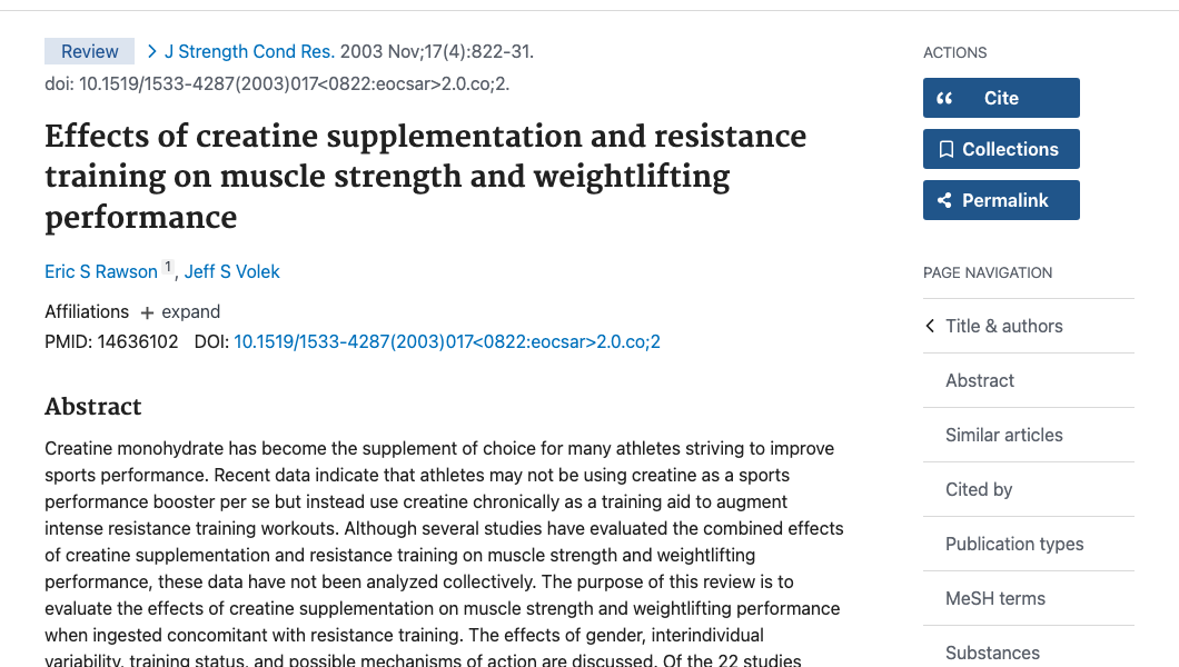Title and abstract of Effects of creatine supplementation and resistance training on muscle strength and weightlifting performance