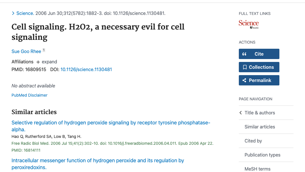 Title and abstract of Cell signaling: H2O2, a necessary evil for cell signaling