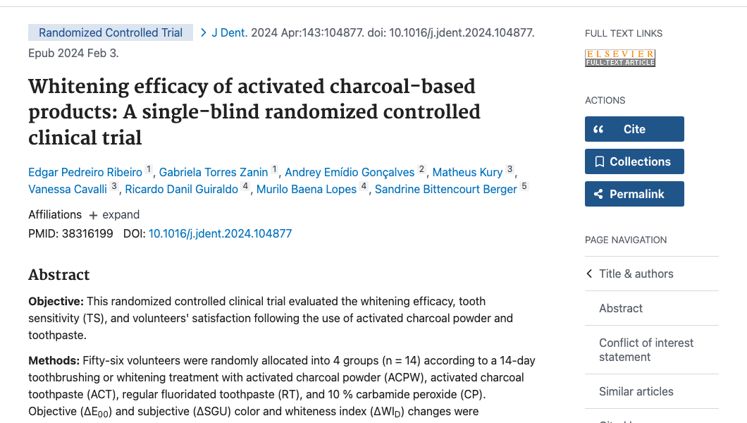 Title and abstract of Whitening efficacy of activated charcoal-based products: A single-blind randomized controlled clinical trial.