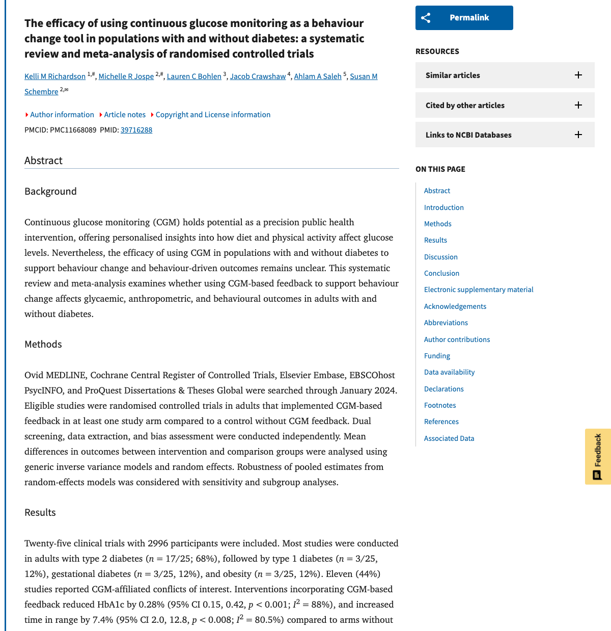 Title and abstract of The efficacy of using continuous glucose monitoring as a behaviour change tool in populations with and without diabetes: a systematic review and meta-analysis of randomised controlled trials.