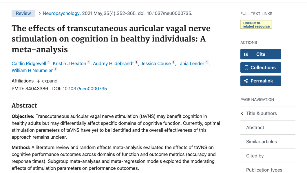 Title and abstract of The effects of transcutaneous auricular vagal nerve stimulation on cognition in healthy individuals: A meta-analysis.
