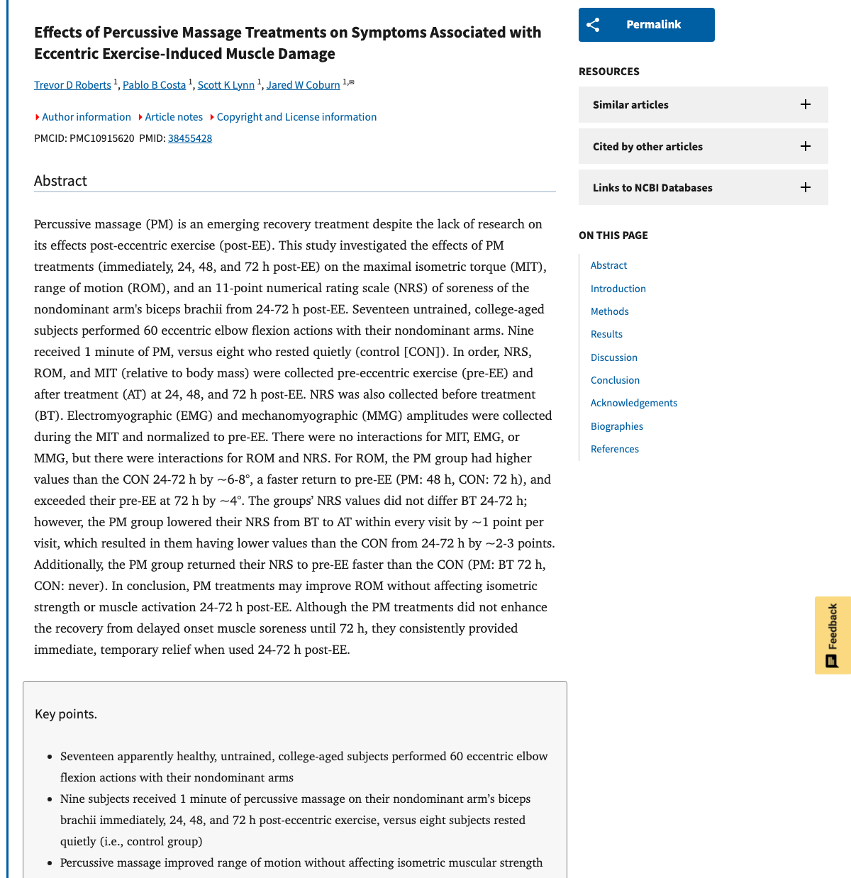 Title and abstract of Effects of Percussive Massage Treatments on Symptoms Associated with Eccentric Exercise-Induced Muscle Damage