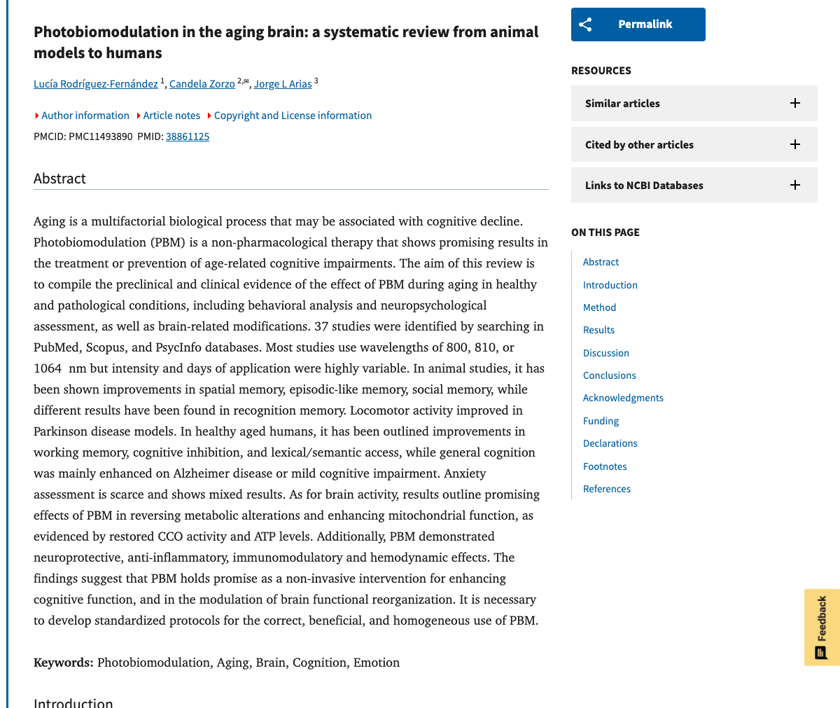 Title and abstract of Photobiomodulation in the aging brain: a systematic review from animal models to humans.