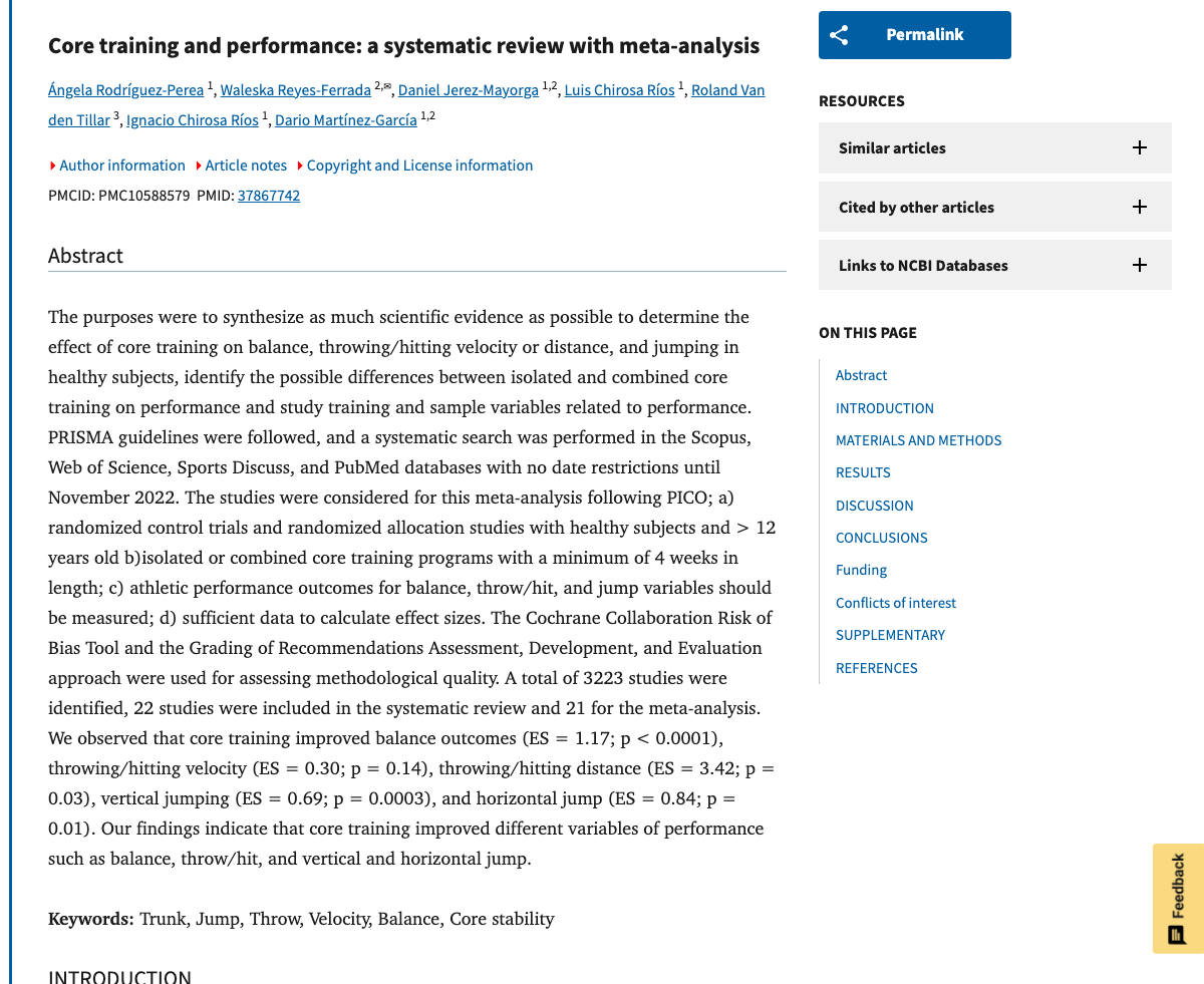 Title and abstract of Core training and performance: a systematic review with meta-analysis.