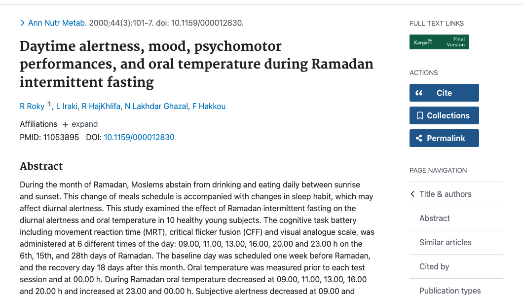 Title and abstract of Daytime Alertness, Mood, Psychomotor Performances, and Oral Temperature During Ramadan Intermittent Fasting