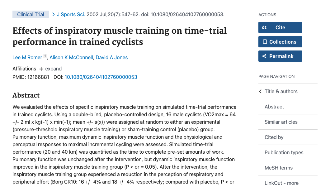 Title and abstract of Effects of inspiratory muscle training on time-trial performance in trained cyclists
