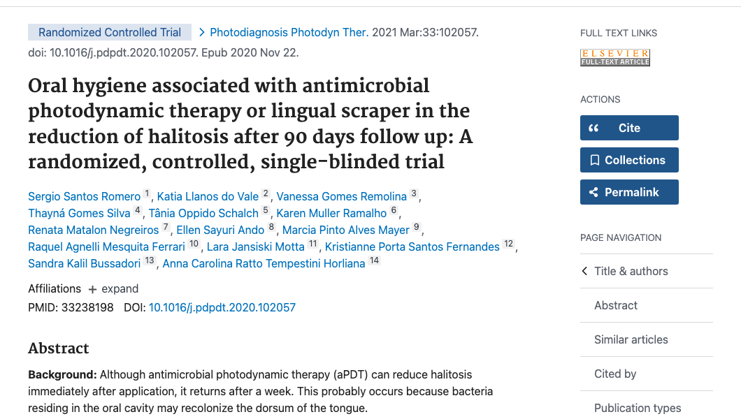 Title and abstract of Oral hygiene associated with antimicrobial photodynamic therapy or lingual scraper in the reduction of halitosis after 90 days follow up: A randomized, controlled, single-blinded trial.