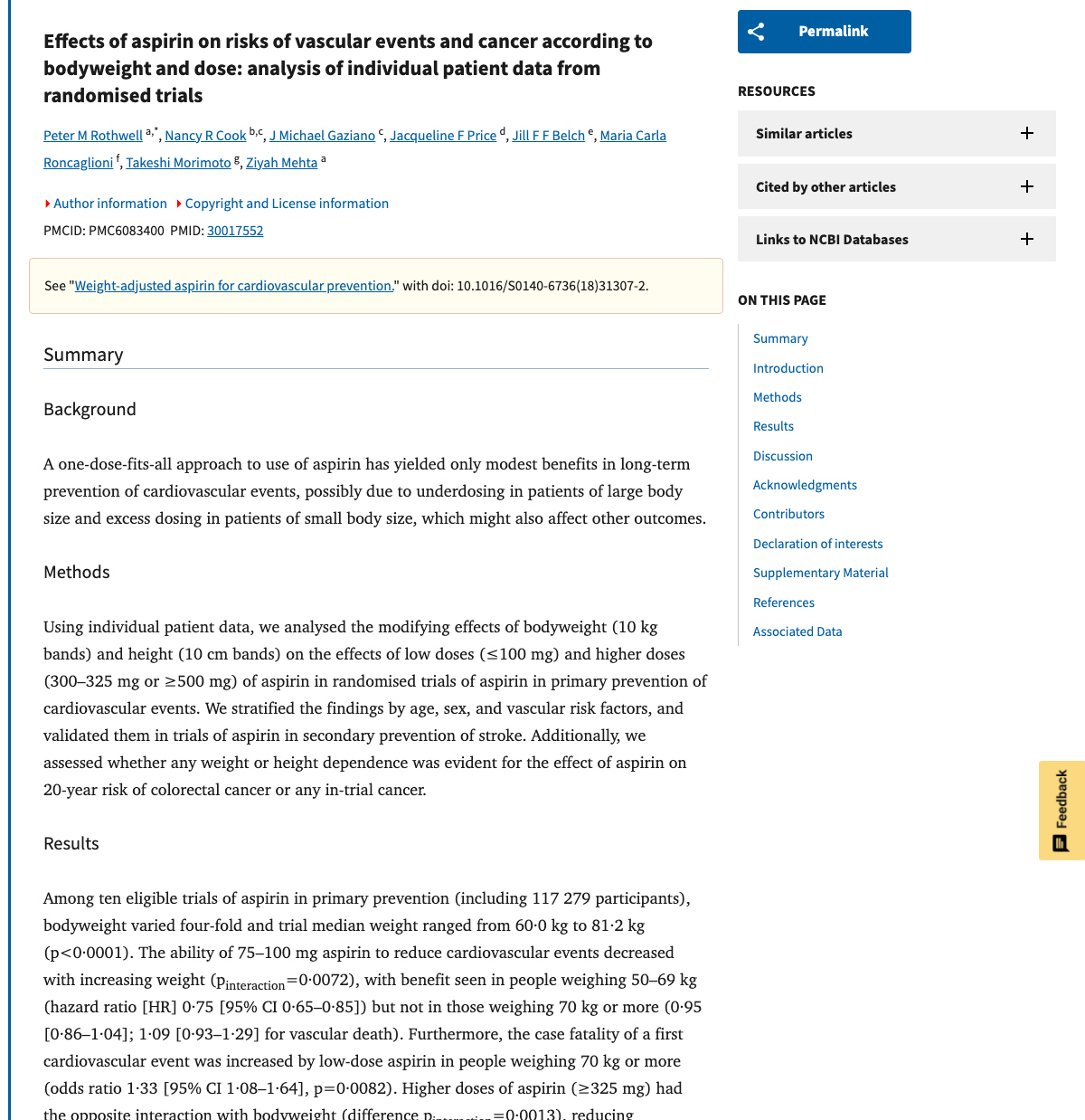 Title and abstract of Effects of aspirin on risks of vascular events and cancer according to bodyweight and dose: analysis of individual patient data from randomised trials