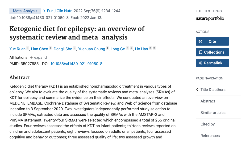 Title and abstract of Ketogenic diet for epilepsy: an overview of systematic review and meta-analysis.