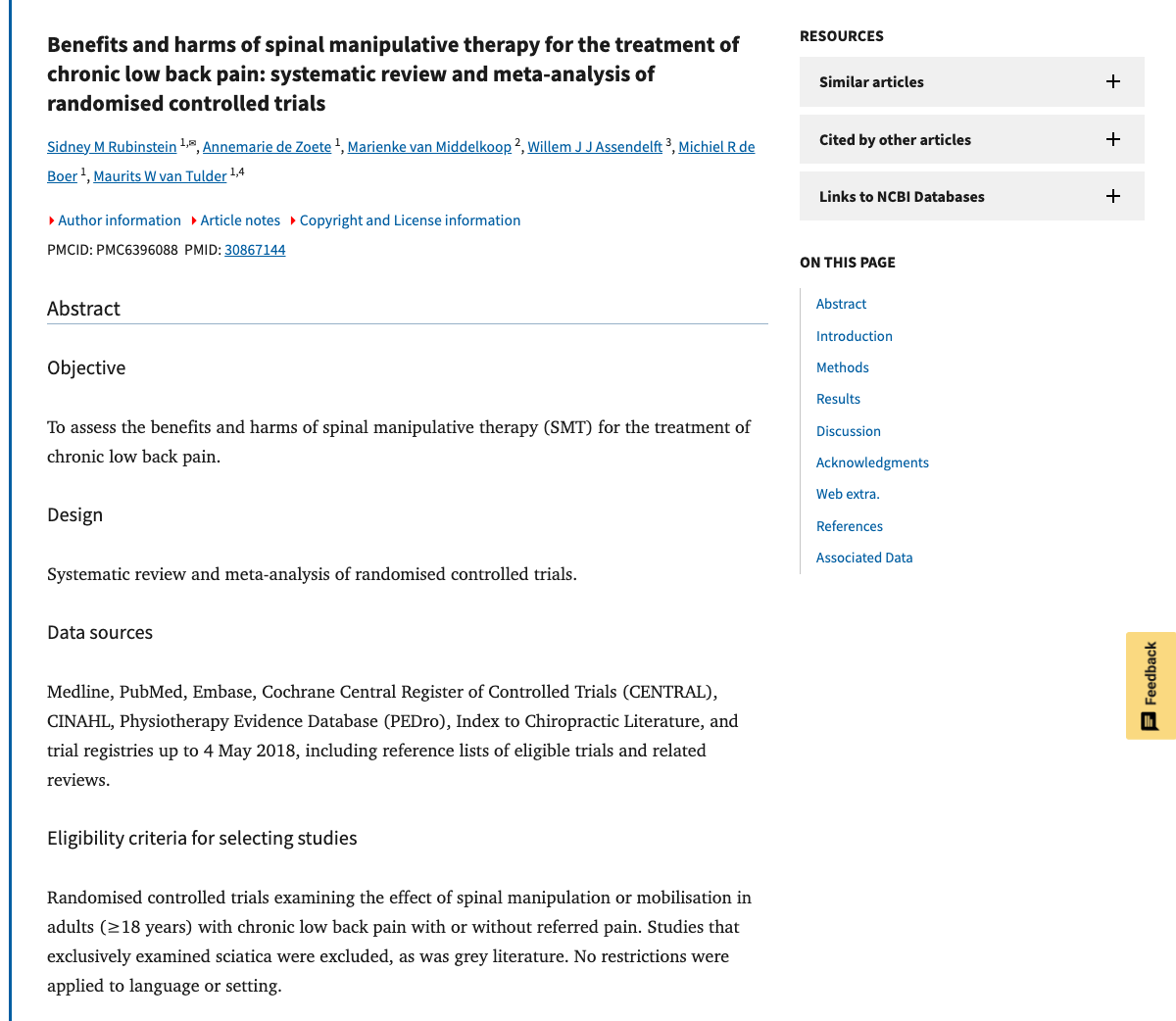 Title and abstract of Benefits and harms of spinal manipulative therapy for the treatment of chronic low back pain: systematic review and meta-analysis of randomised controlled trials.