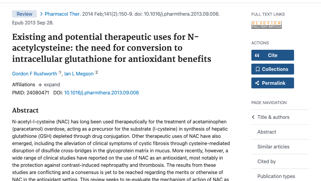 Title and abstract of Existing and potential therapeutic uses for N-acetylcysteine: the need for conversion to intracellular glutathione for antioxidant benefits