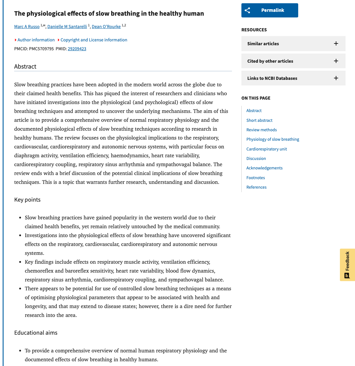 Title and abstract of The physiological effects of slow breathing in the healthy human