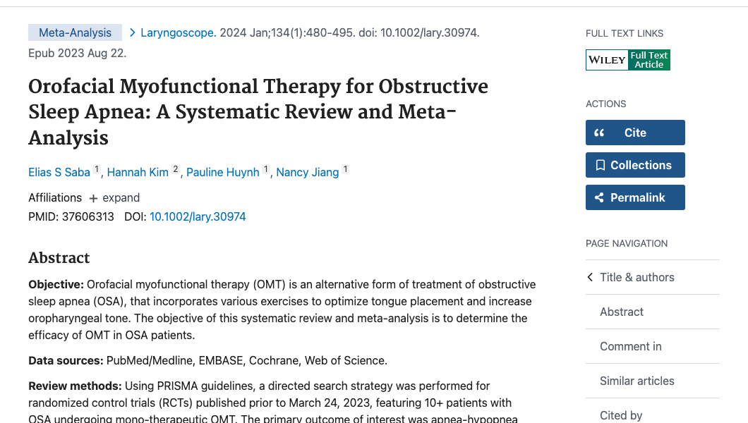 Title and abstract of Orofacial Myofunctional Therapy for Obstructive Sleep Apnea: A Systematic Review and Meta-Analysis.