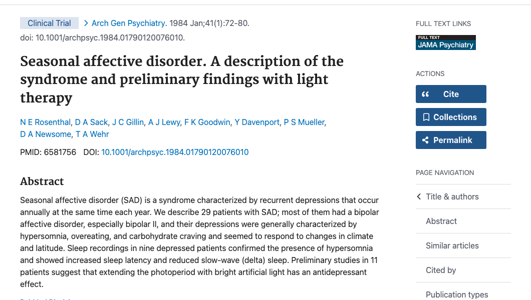 Title and abstract of Seasonal affective disorder: A description of the syndrome and preliminary findings with light therapy