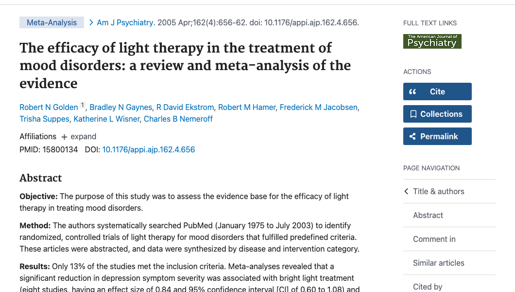 Title and abstract of The efficacy of light therapy in the treatment of mood disorders: a review and meta-analysis of the evidence