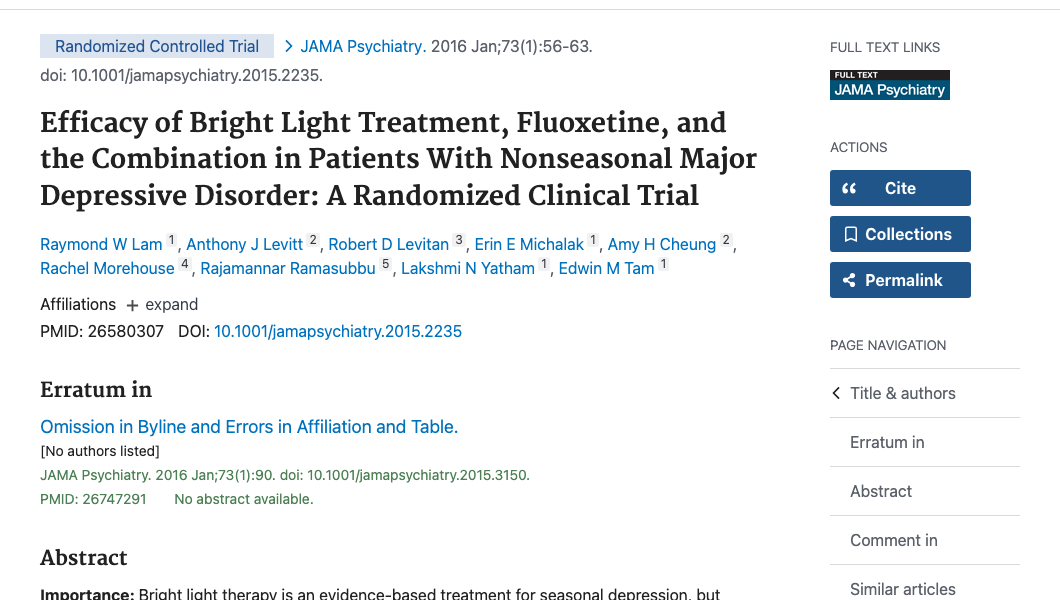 Title and abstract of Efficacy of bright light treatment, fluoxetine, and the combination in patients with nonseasonal major depressive disorder