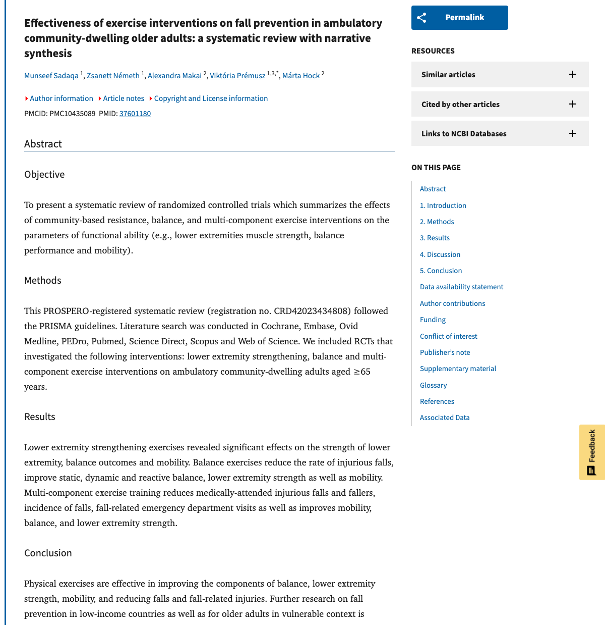 Title and abstract of Effectiveness of exercise interventions on fall prevention in ambulatory community-dwelling older adults: a systematic review with narrative synthesis.