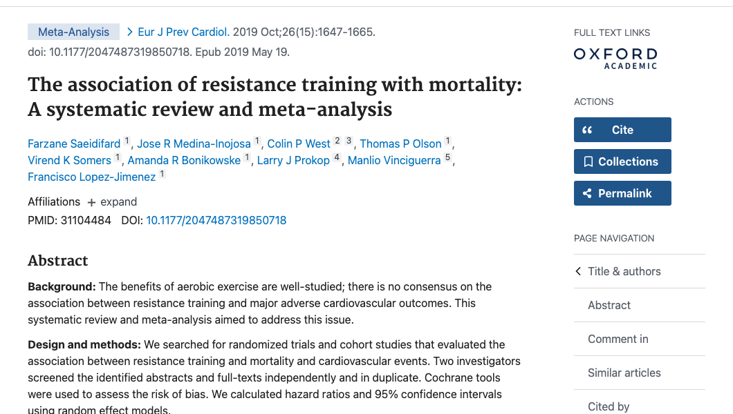 Title and abstract of The association of resistance training with mortality: A systematic review and meta-analysis.