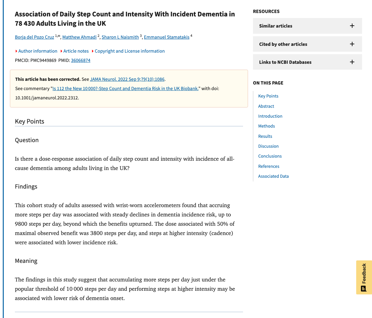 Title and abstract of Association of daily step count and intensity with incident dementia