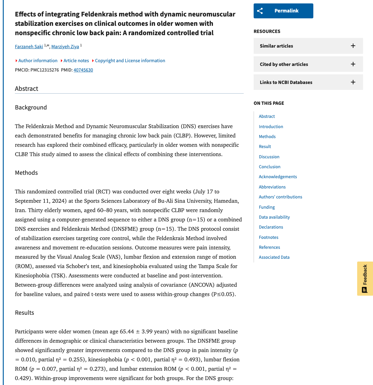 Title and abstract of Effects of integrating Feldenkrais method with dynamic neuromuscular stabilization exercises on clinical outcomes in older women with nonspecific chronic low back pain: A randomized controlled trial.