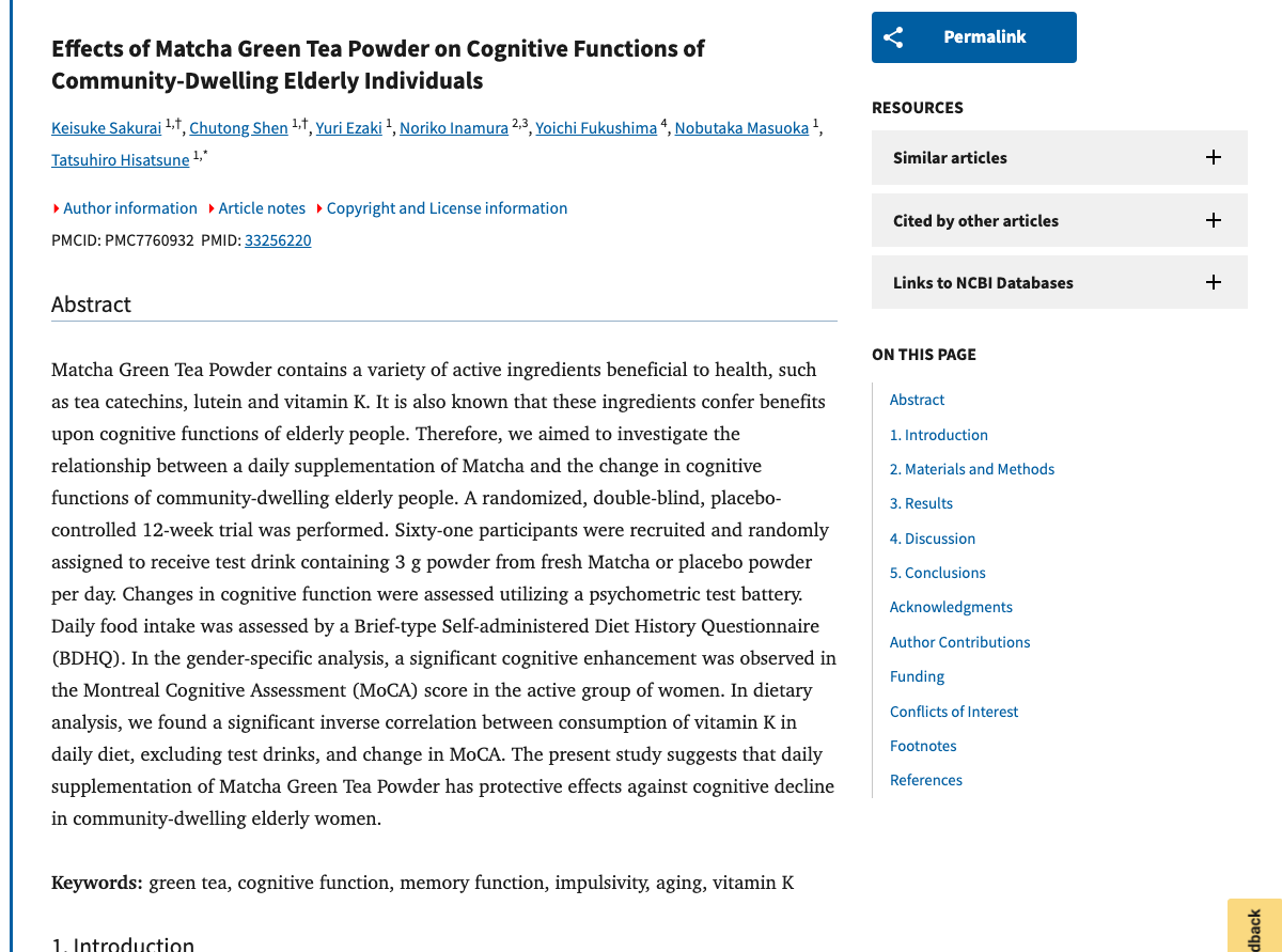 Title and abstract of Effects of Matcha Green Tea Powder on Cognitive Functions of Community-Dwelling Elderly Individuals.