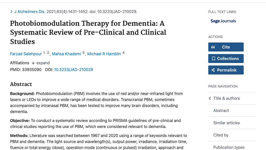Title and abstract of Photobiomodulation Therapy for Dementia: A Systematic Review of Pre-Clinical and Clinical Studies.