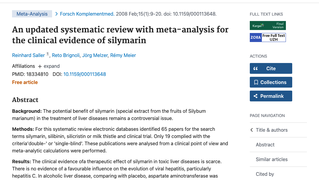 Title and abstract of An updated systematic review with meta-analysis for the clinical evidence of silymarin.