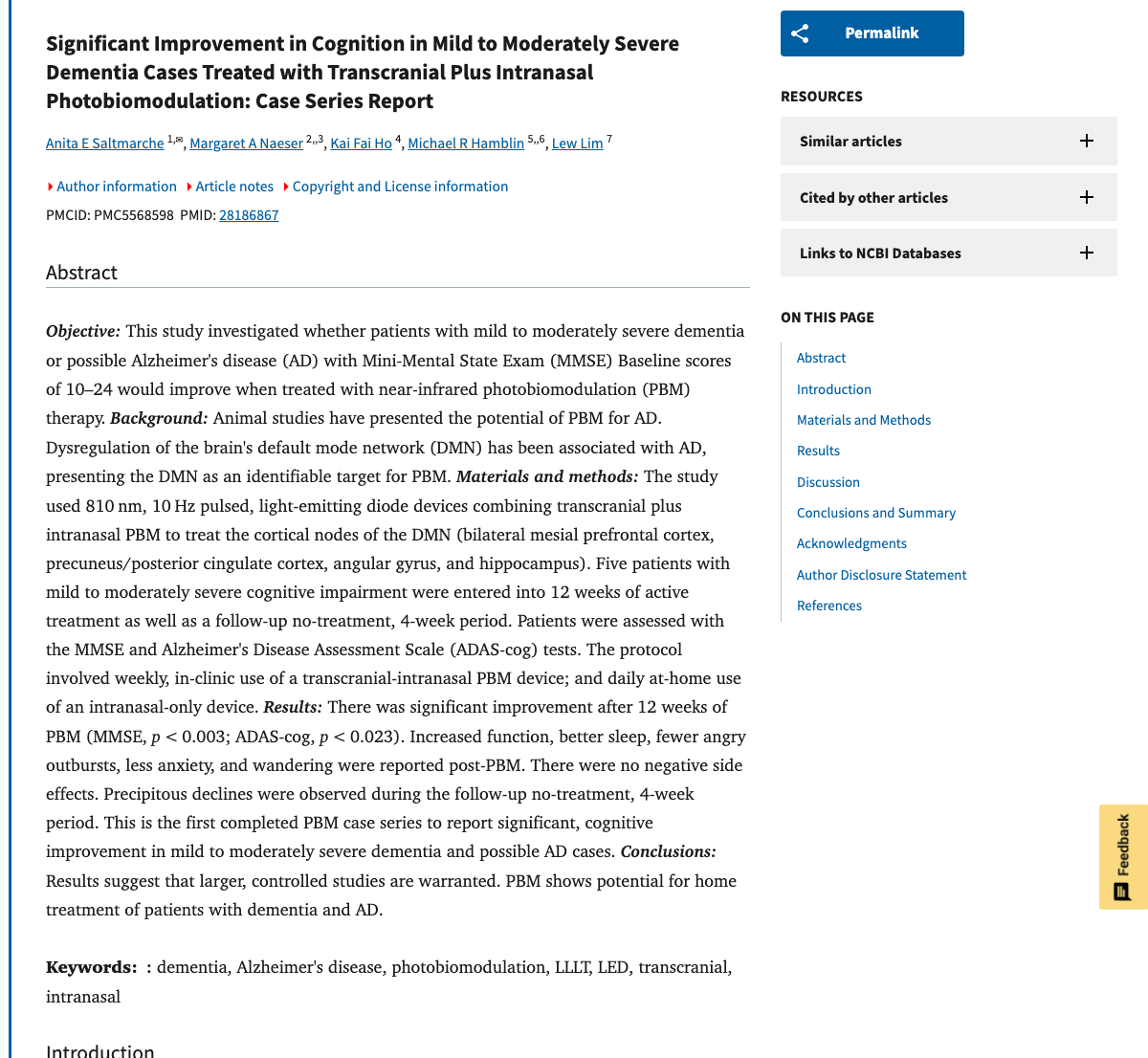 Title and abstract of Significant Improvement in Cognition in Mild to Moderately Severe Dementia Cases Treated with Transcranial Plus Intranasal Photobiomodulation