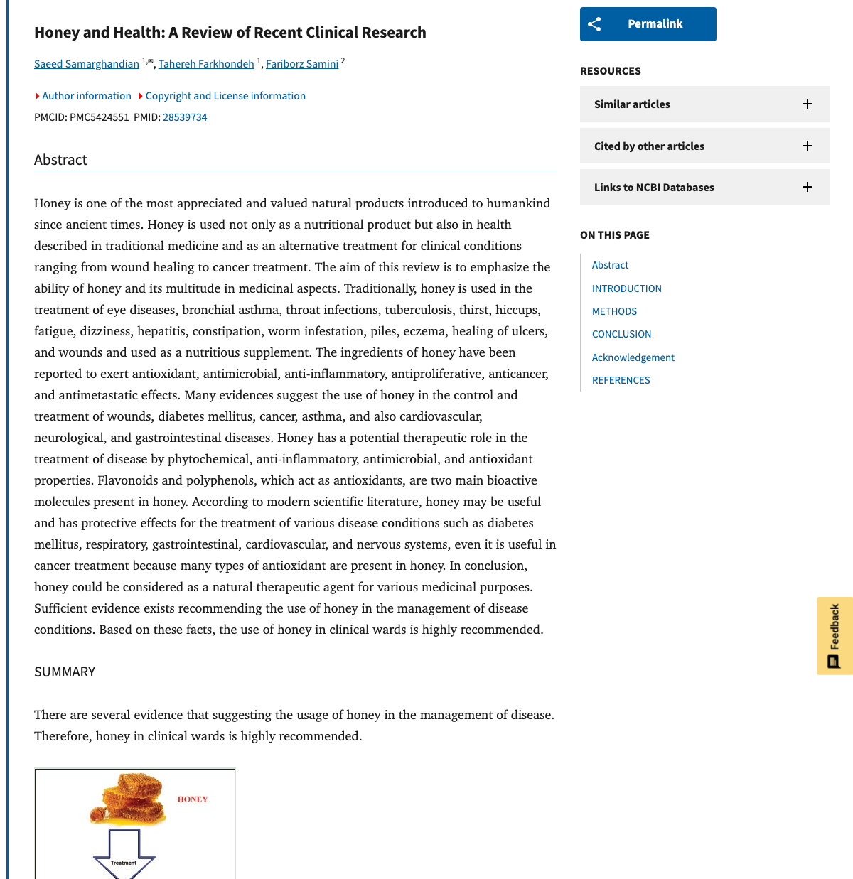 Title and abstract of Honey and health: a review of recent clinical research