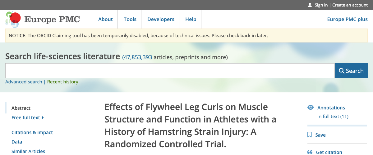 Title and abstract of Effects of Flywheel Leg Curls on Muscle Structure and Function in Athletes with a History of Hamstring Strain Injury: A Randomized Controlled Trial.