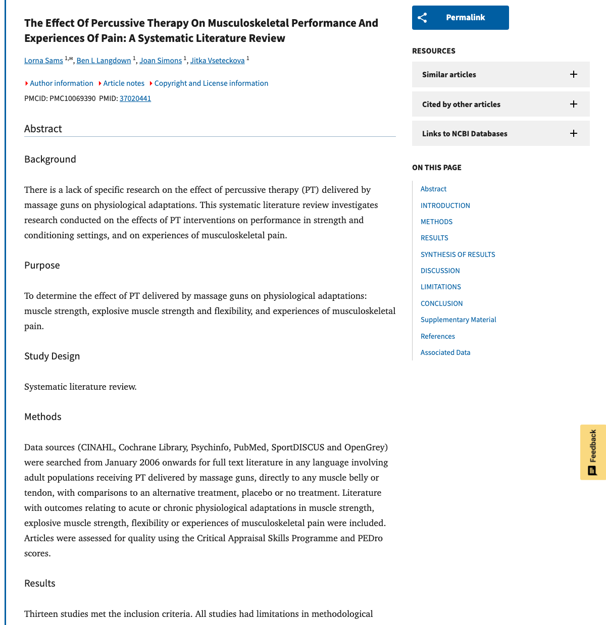 Title and abstract of The Effect Of Percussive Therapy On Musculoskeletal Performance And Experiences Of Pain: A Systematic Literature Review.