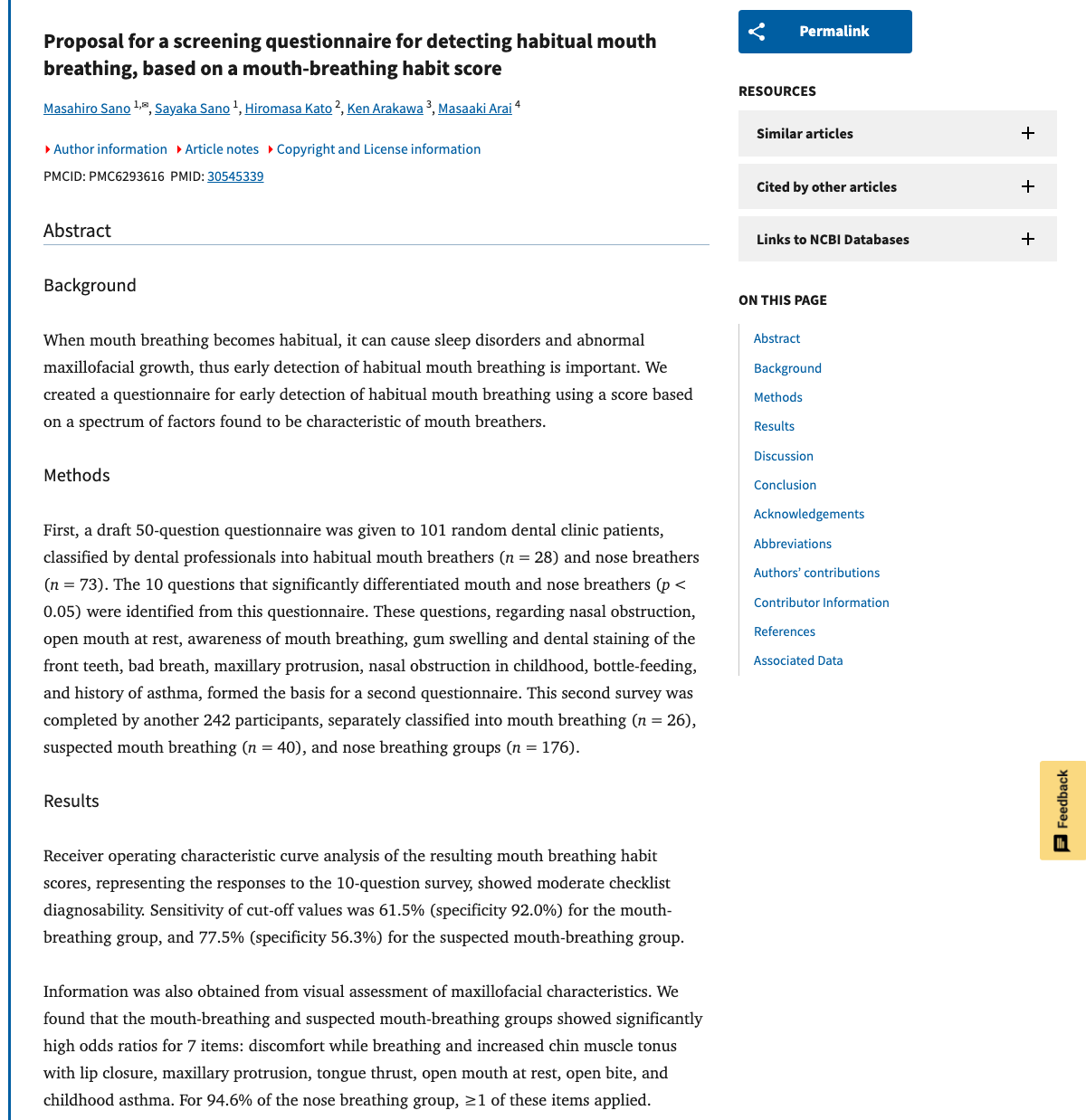 Title and abstract of Proposal for a screening questionnaire for detecting habitual mouth breathing, based on a mouth-breathing habit score