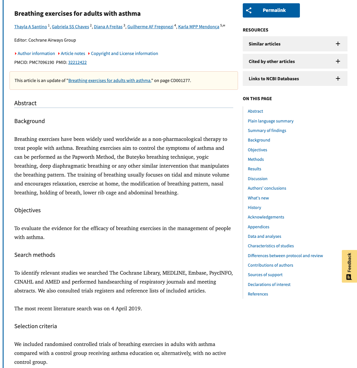 Title and abstract of Breathing exercises for adults with asthma.