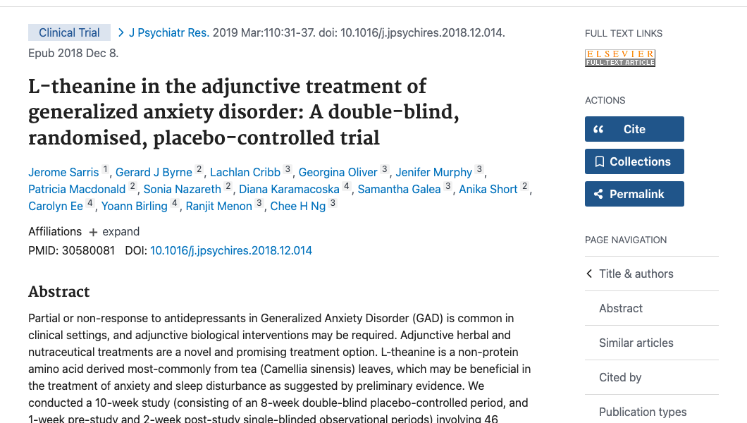 Title and abstract of L-theanine in the adjunctive treatment of generalized anxiety disorder: A double-blind, randomised, placebo-controlled trial.